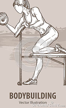 Hand sketch of a girl is training with dumbbells. Vector sport illustration. Graphic silhouette of the athlete on Vector Illustration