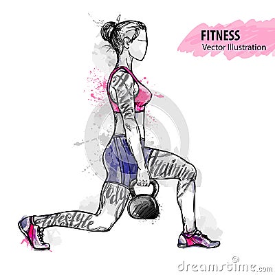 Hand sketch of a girl is training with weight. Vector sport illustration. Vector Illustration