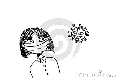 Hand sketch, illustration of masked girl looking frightenedly at flying Corona Virus. MERS-CoV Cartoon Illustration