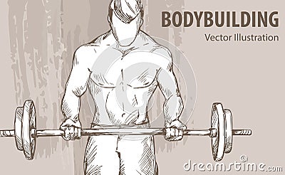 Hand sketch of a man with a barbell. Vector sport illustration. Graphic silhouette of the athlete on background. Vector Illustration