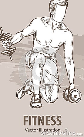 Hand sketch of a man is training with dumbbells. Vector sport illustration. Graphic silhouette of the athlete on Vector Illustration