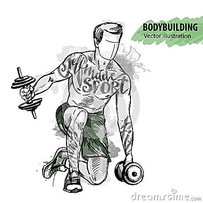 Hand sketch of a man is training with dumbbells. Vector sport illustration. Vector Illustration