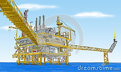 Hand sketch of offshore oil and gas central processing platform Stock Photo