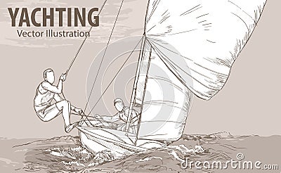 Hand sketch of people on sailing boat on the sea. Vector sport illustration. Graphic silhouette of yacht on background Vector Illustration