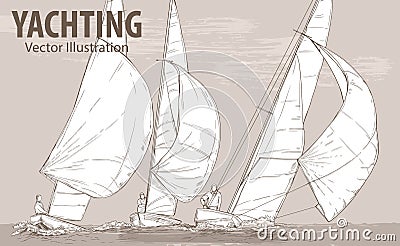 Hand sketch of sailing yachts regatta. Races in the sea. Vector sport illustration. Graphic silhouette of yachts on Vector Illustration