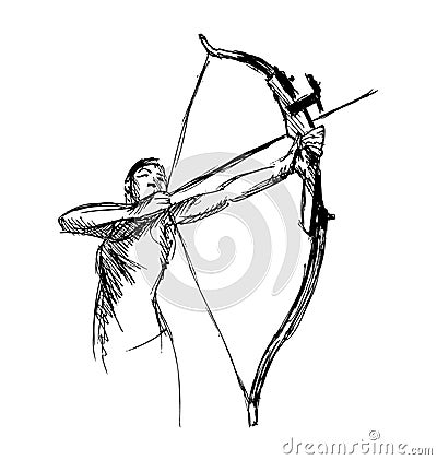 Hand sketch woman shooting a bow and arrow Vector Illustration