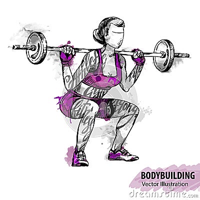 Hand sketch of a women with a barbell. Vector sport illustration. Vector Illustration