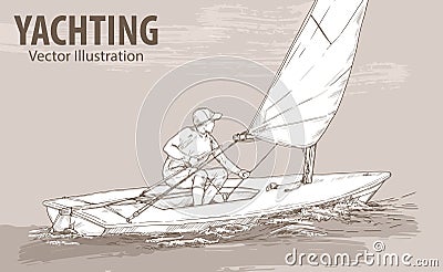 Hand sketch of women on sailing boat on the sea. Vector sport illustration. Graphic silhouette of yacht on background Vector Illustration