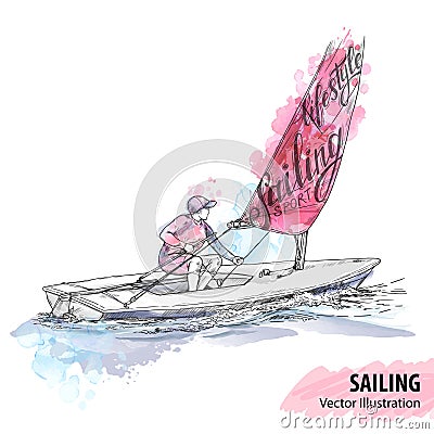 Hand sketch of women on sailing boat on the sea. Vector sport illustration. Watercolor silhouette of yacht with thematic Vector Illustration