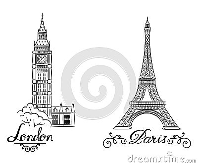 Hand sketch World famous landmark collection : Big Ben London, England and sketch of Paris, Eiffel Tower Vector Illustration