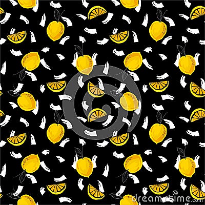 Hand sketch Yellow Lemon with white braushed stroke colourful summmer mood seamless pattern vector,Design for fashion , fabric, Vector Illustration