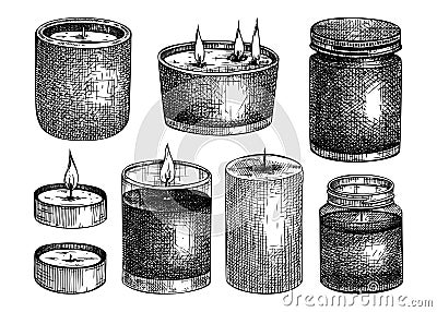 Hand-sketched aromatic candles collection. Vector illustrations of burning tallow, wax, paraffin candles. For aromatherapy, hygge Vector Illustration