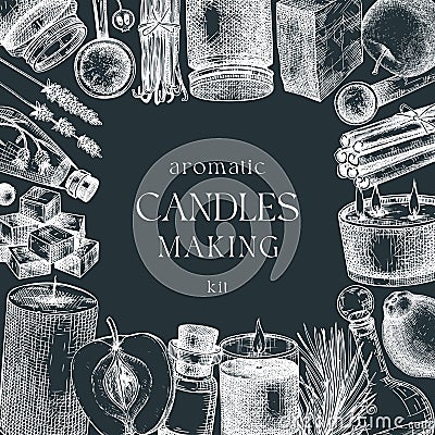 Hand sketched candle-making card design on ckalkboard. Vintage candles, herbs, wax, fruits, spices, skewers hand drawings frame. Vector Illustration
