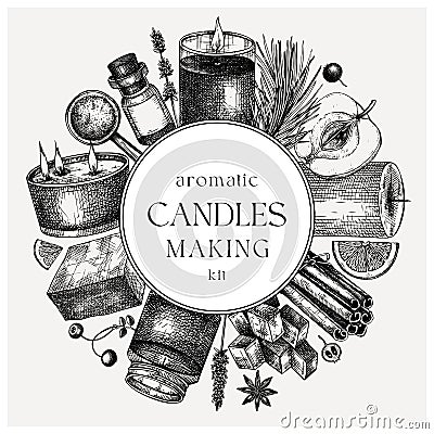 Hand sketched candle-making card design. Vintage candles, herbs, wax, fruits, spices, skewers hand drawings round wreath. Perfect Cartoon Illustration