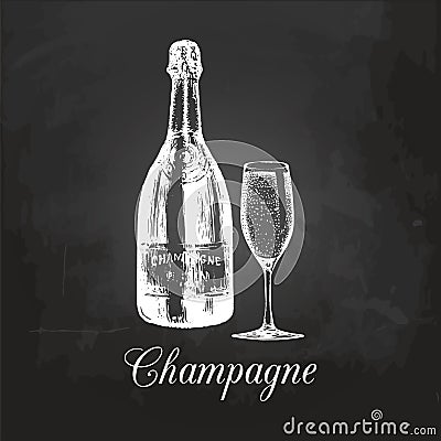 Hand sketched champagne bottle and glass. Vintage vector illustration of sparkling wine set on chalkboard for cafe menu. Vector Illustration