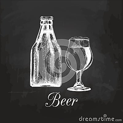 Hand sketched craft beer bottle and glass. Vector lager illustration on chalkboard. Graphic design concept for bar menu. Vector Illustration