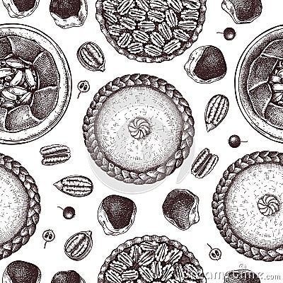 Hand sketched desserts seamless pattern. Traditional cakes and pies for Thanksgiving dinner in vintage style. Baking cakes sketch Vector Illustration