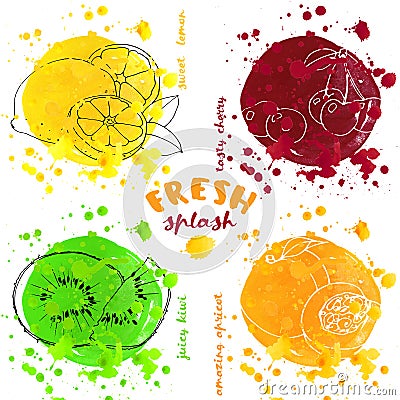 Hand sketched fruits and watercolor splashes Stock Photo