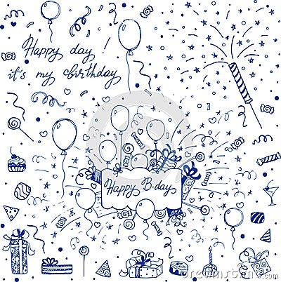 Hand sketched happy birthday doodle set Vector Illustration