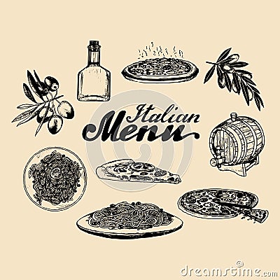 Hand sketched italian menu. Vector set of drawn mediterranean food elements with lettering in ink style. Vector Illustration