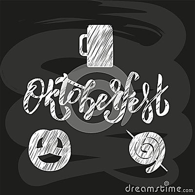 Hand sketched Oktoberfest lettering on black blackboard with picture of beer mug, pretzel, sausagee. Flat scratched Vector Cartoon Illustration