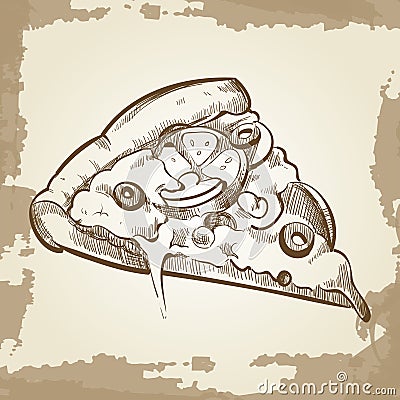 Hand sketched pizza on vintage grunge background - fast food poster Vector Illustration