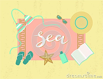 Hand sketched Sea typography lettering poster, beach background Vector Illustration