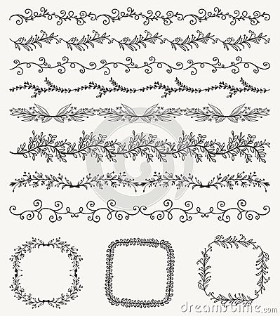 Hand Sketched Seamless Borders, Frames, Dividers, Swirls Vector Illustration