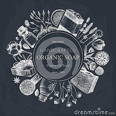 Hand sketched Soap wreath design on chalkboard. Natural ingredients and aromatic materials for cosmetics, perfumery, soap. Great Vector Illustration