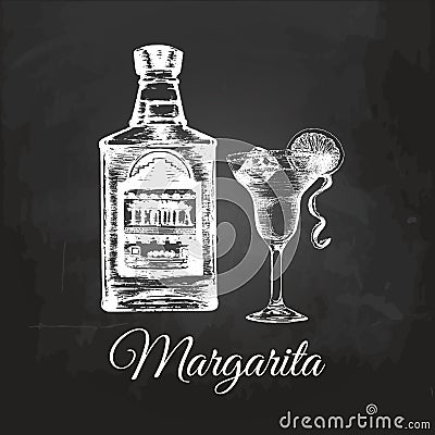 Hand sketched tequila bottle and margarita glass. Alcoholic drink drawing on chalkboard.Vector illustration of cocktail. Vector Illustration