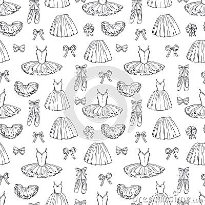 Hand sketched vector ballet dresses and shoes seamless pattern Vector Illustration