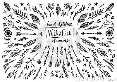 Hand sketched vector vintage elements ( laurels, frames, leaves, Vector Illustration