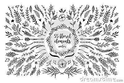 Hand sketched vector vintage elements laurels, frames, leaves, Vector Illustration