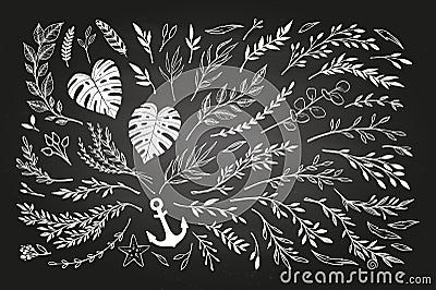 Hand sketched vector vintage elements laurels, leaves, flowers Vector Illustration