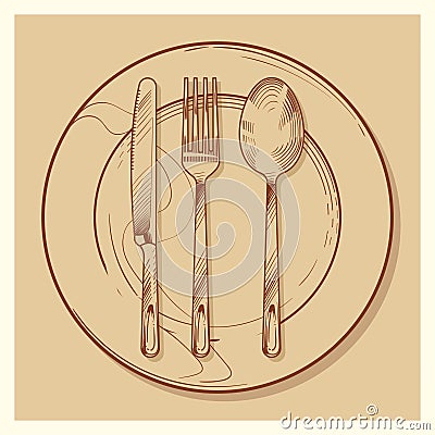 Hand sketched vintage cutlery and plate vector illustration Vector Illustration