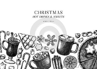 Hand-sketched winter desserts and hot drinks design. Mulled wine, hot chocolate, candies and cookies background. Hand-drawn winter Cartoon Illustration