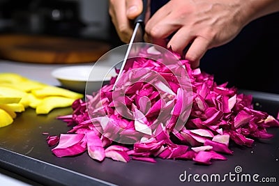 hand slicing fresh dragon fruit for addition in a smoothie Stock Photo