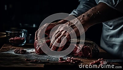Hand slicing fresh organic beef fillet steak generated by AI Stock Photo