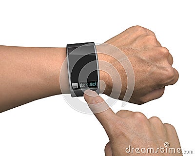 Hand with smart watch and finger touch screen Stock Photo