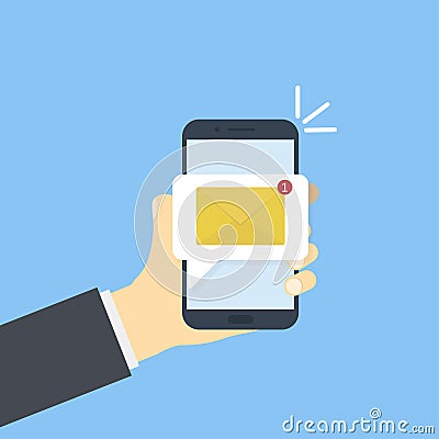 Hand with smartphone with new message. Sms icon or email application on blue background Stock Photo