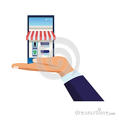 Hand with smartphone with parasol ecommerce Vector Illustration