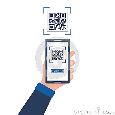 A hand with a smartphone scans a QR code. Men`s hands hold the phone. Flat vector illustration isolated on white background Vector Illustration