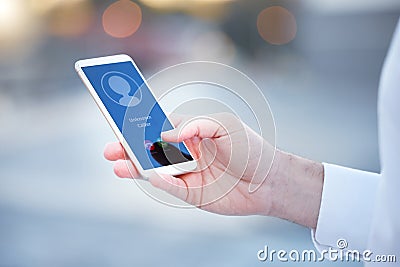 Hand, smartphone and unknown call in city for woman from stranger, client or customer on network. Businesswoman Stock Photo