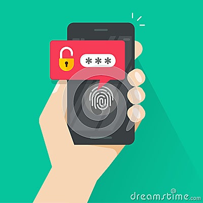 Hand with smartphone unlocked with fingerprint button and password notification vector, mobile phone security, cellphone Vector Illustration