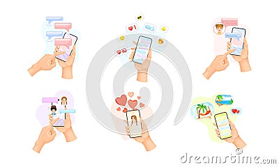Hand with Smartphone Using Chat Software Text Messaging Vector Set Vector Illustration