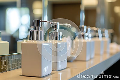 hand soap dispensers on dais, mirror reflection soft Stock Photo
