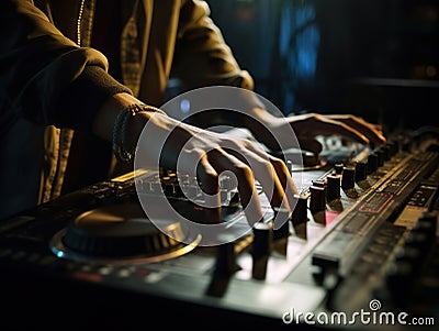 Hands of male dj playing music on modern midi controller turntable digital device for mixing music on events. Cartoon Illustration