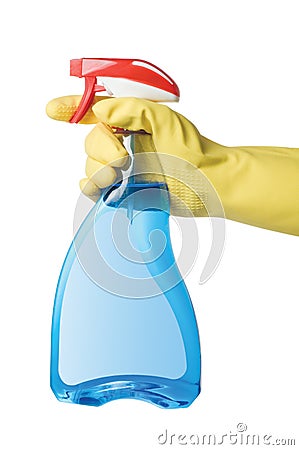 Hand with spray bottle Stock Photo