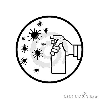 Hand Spraying Disinfectant on Virus Black and White Vector Illustration