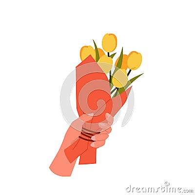 Hand with spring tulip bouquet Vector Illustration
